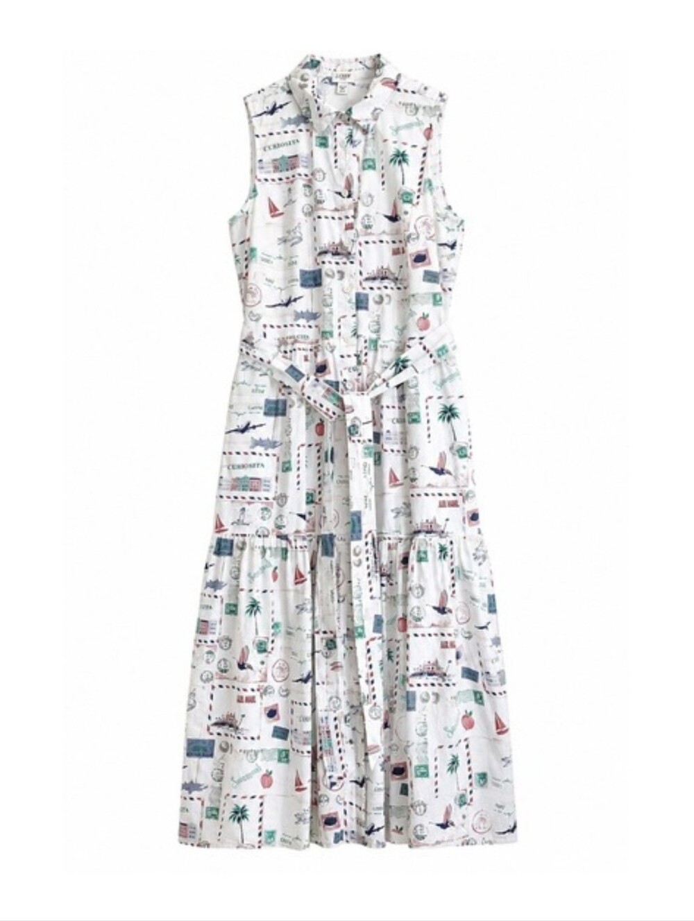 J.Crew‎ Map Stamps Print Collared Midi Dress Sleeveless Pockets Cotton Belted 14